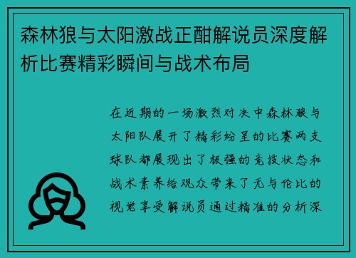 森林狼与太阳激战正酣解说员深度解析比赛精彩瞬间与战术布局