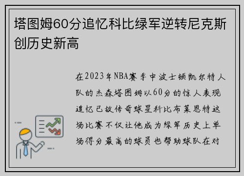 塔图姆60分追忆科比绿军逆转尼克斯创历史新高