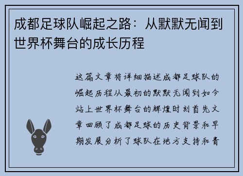 成都足球队崛起之路：从默默无闻到世界杯舞台的成长历程