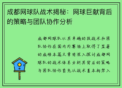 成都网球队战术揭秘：网球巨献背后的策略与团队协作分析