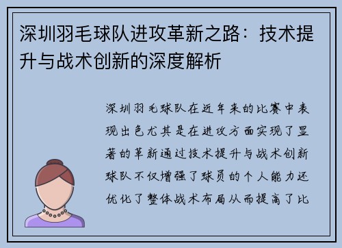 深圳羽毛球队进攻革新之路：技术提升与战术创新的深度解析