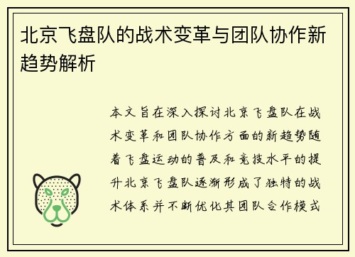 北京飞盘队的战术变革与团队协作新趋势解析