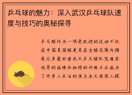 乒乓球的魅力：深入武汉乒乓球队速度与技巧的奥秘探寻