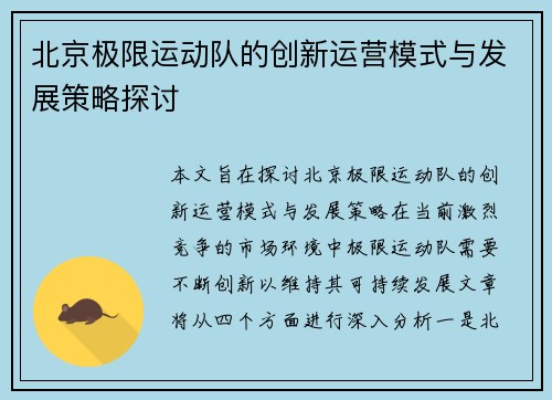 北京极限运动队的创新运营模式与发展策略探讨