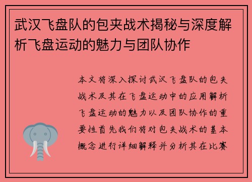 武汉飞盘队的包夹战术揭秘与深度解析飞盘运动的魅力与团队协作
