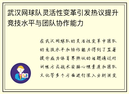 武汉网球队灵活性变革引发热议提升竞技水平与团队协作能力