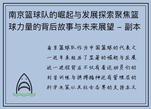 南京篮球队的崛起与发展探索聚焦篮球力量的背后故事与未来展望 - 副本