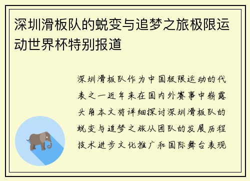深圳滑板队的蜕变与追梦之旅极限运动世界杯特别报道