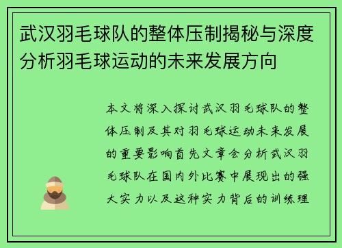 武汉羽毛球队的整体压制揭秘与深度分析羽毛球运动的未来发展方向